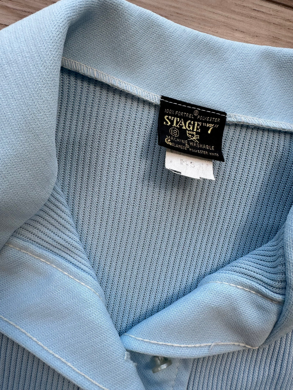 1970's Light Blue Double Knit Poly Dagger Collar Button Down