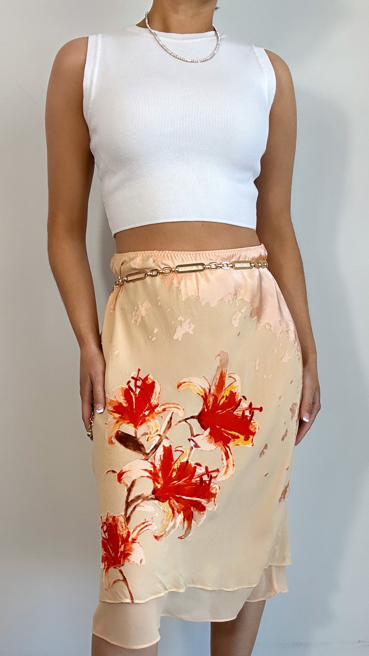 Y2k Peach Hibiscus Floral Print Silk Midi Slip Skirt