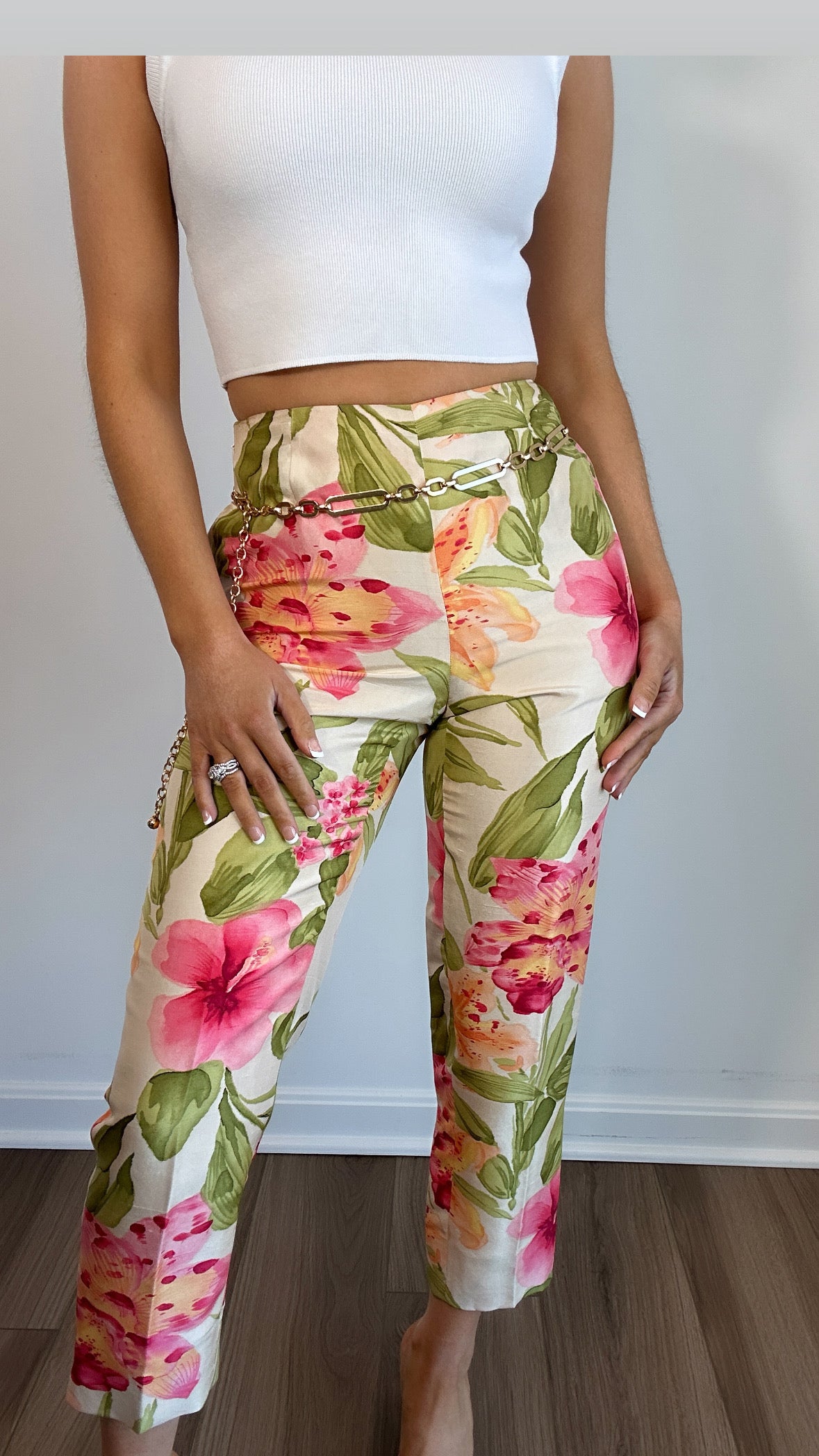 Vintage Dana Buchman Silk Floral Multicolor Crop Midi Rise Pants