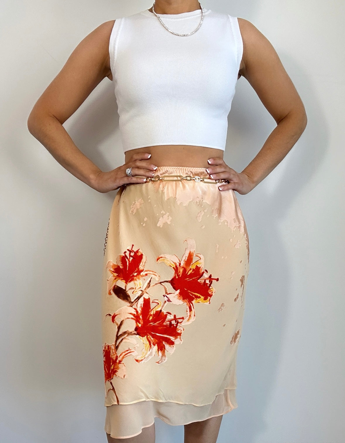 Y2k Peach Hibiscus Floral Print Silk Midi Slip Skirt