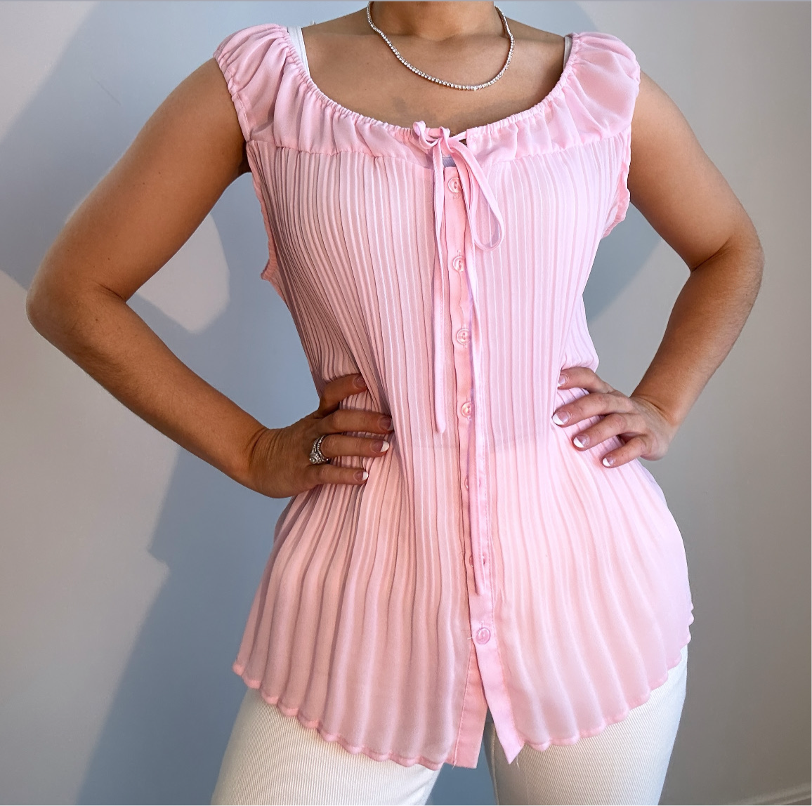 Y2k Plisse Sheer Pink Bow Tie Tank Top Blouse