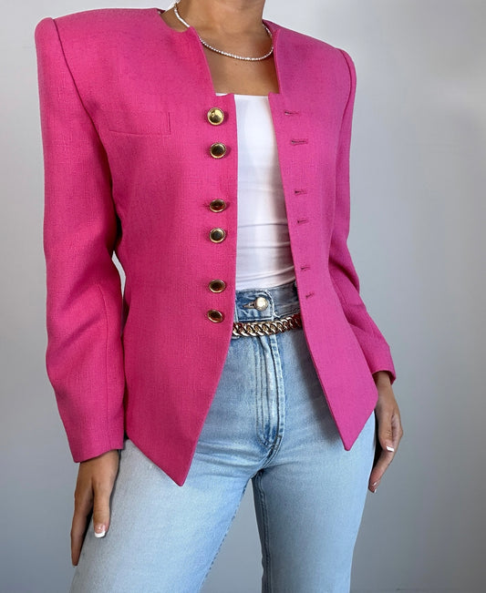 Vintage Hot Pink Kasper ASL Structured Blazer with Gold Buttons