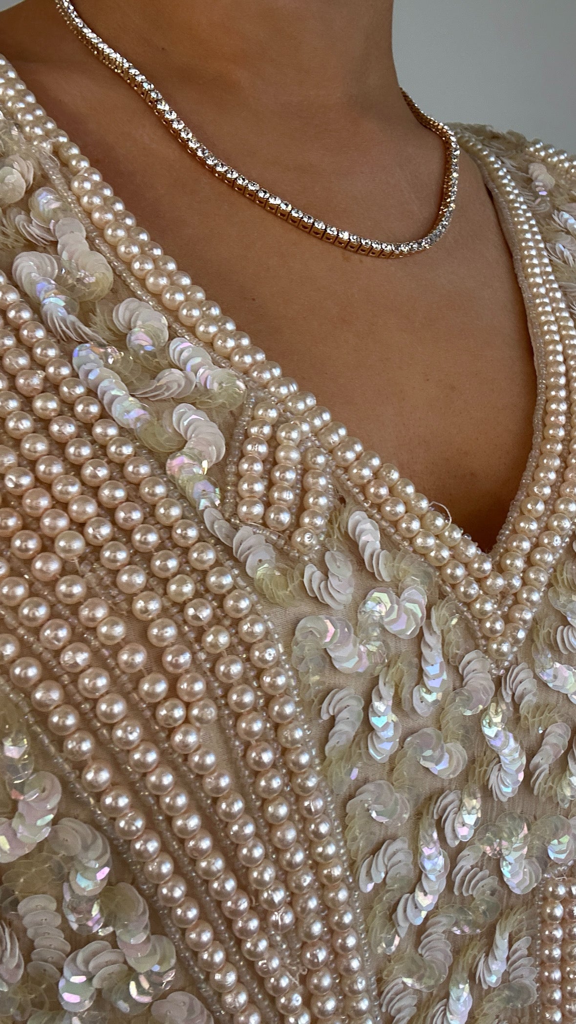 Vintage Silk Sequin Pearl Beaded Cream Statement Top