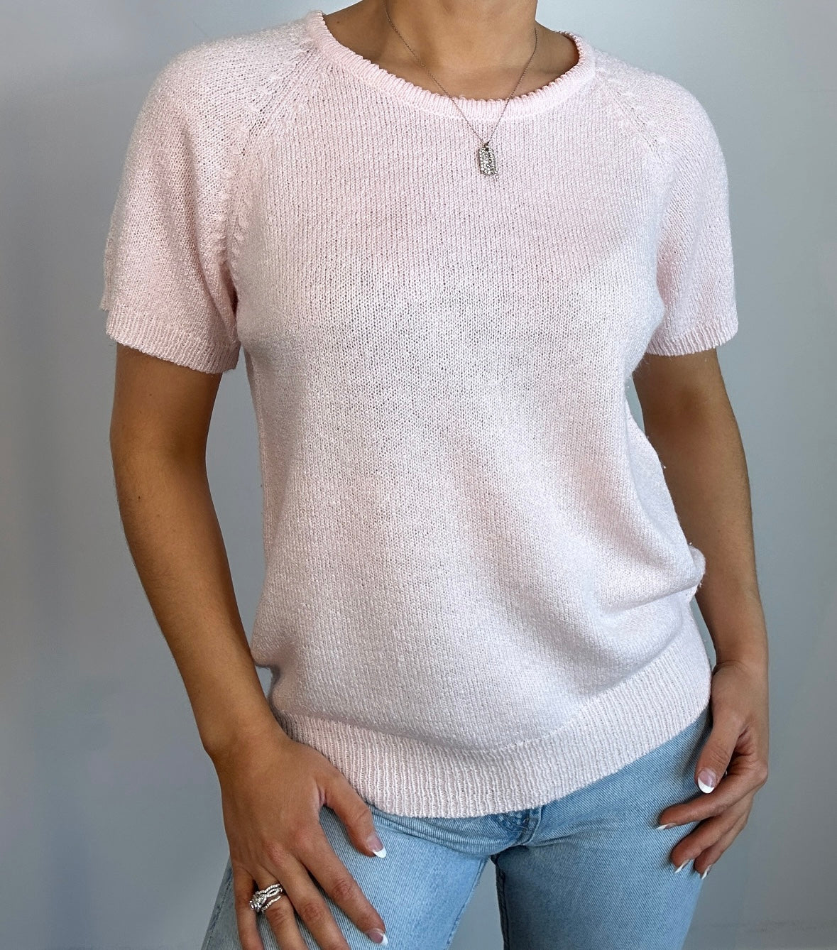 Vintage Light Pink Emily Rose Sweater Knit Short Sleeve Top