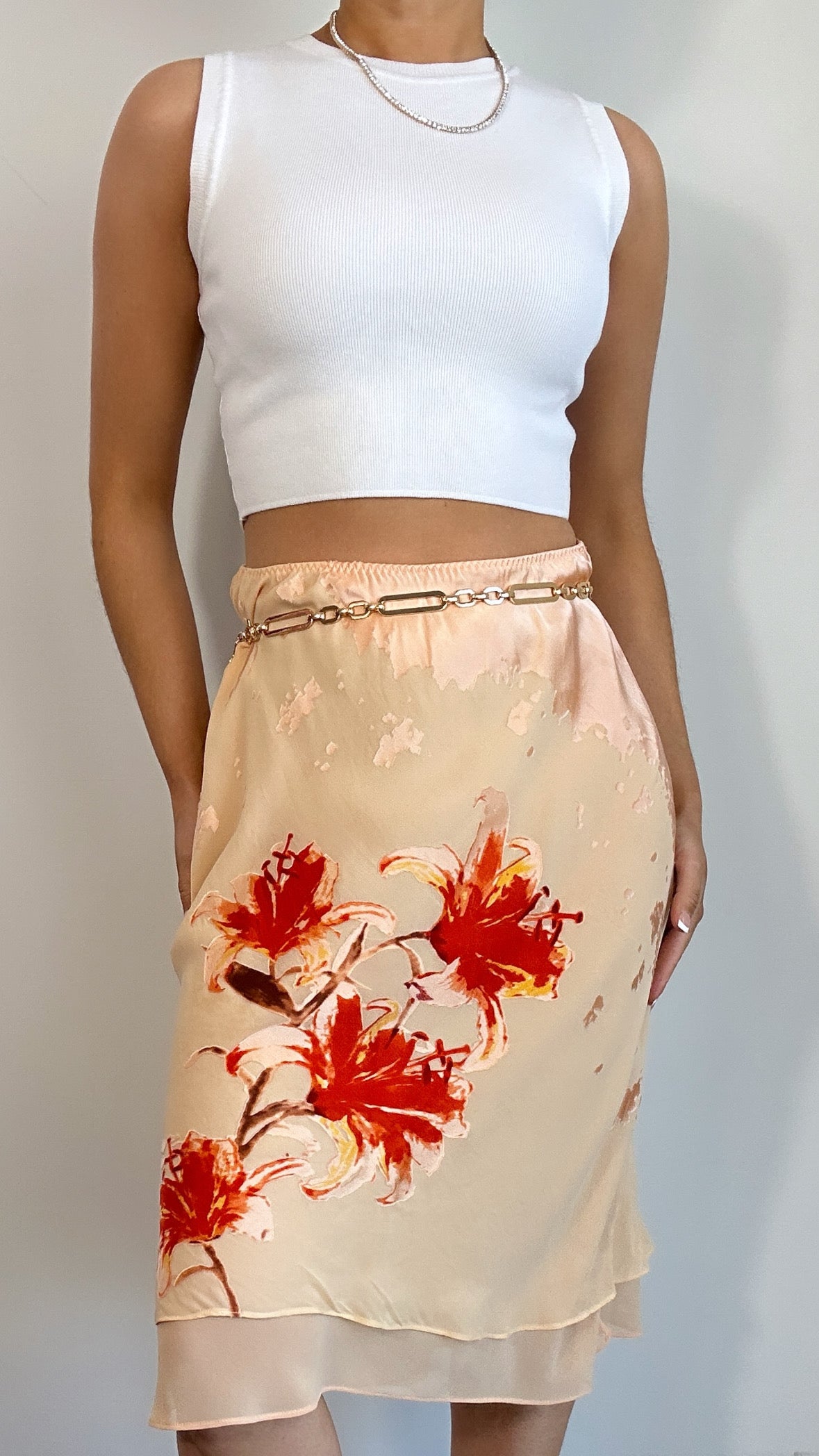 Y2k Peach Hibiscus Floral Print Silk Midi Slip Skirt