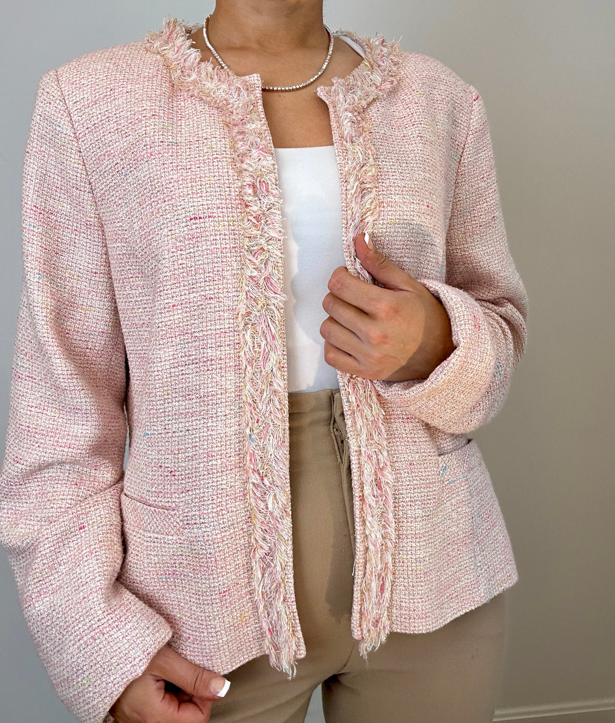 Alfani Light Pink Tweed Fringe Trim Blazer Jacket