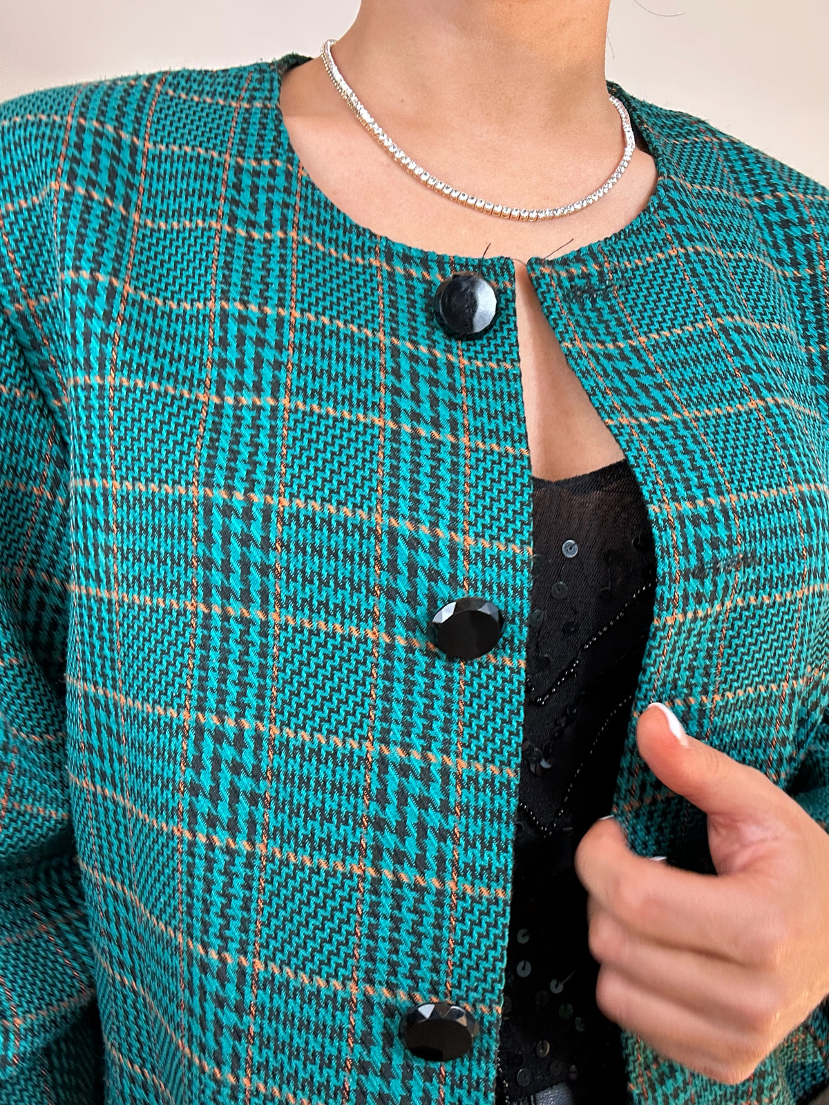 Vintage Cricket Lane Green Mustard Black Houndstooth Plaid Blazer Jacket