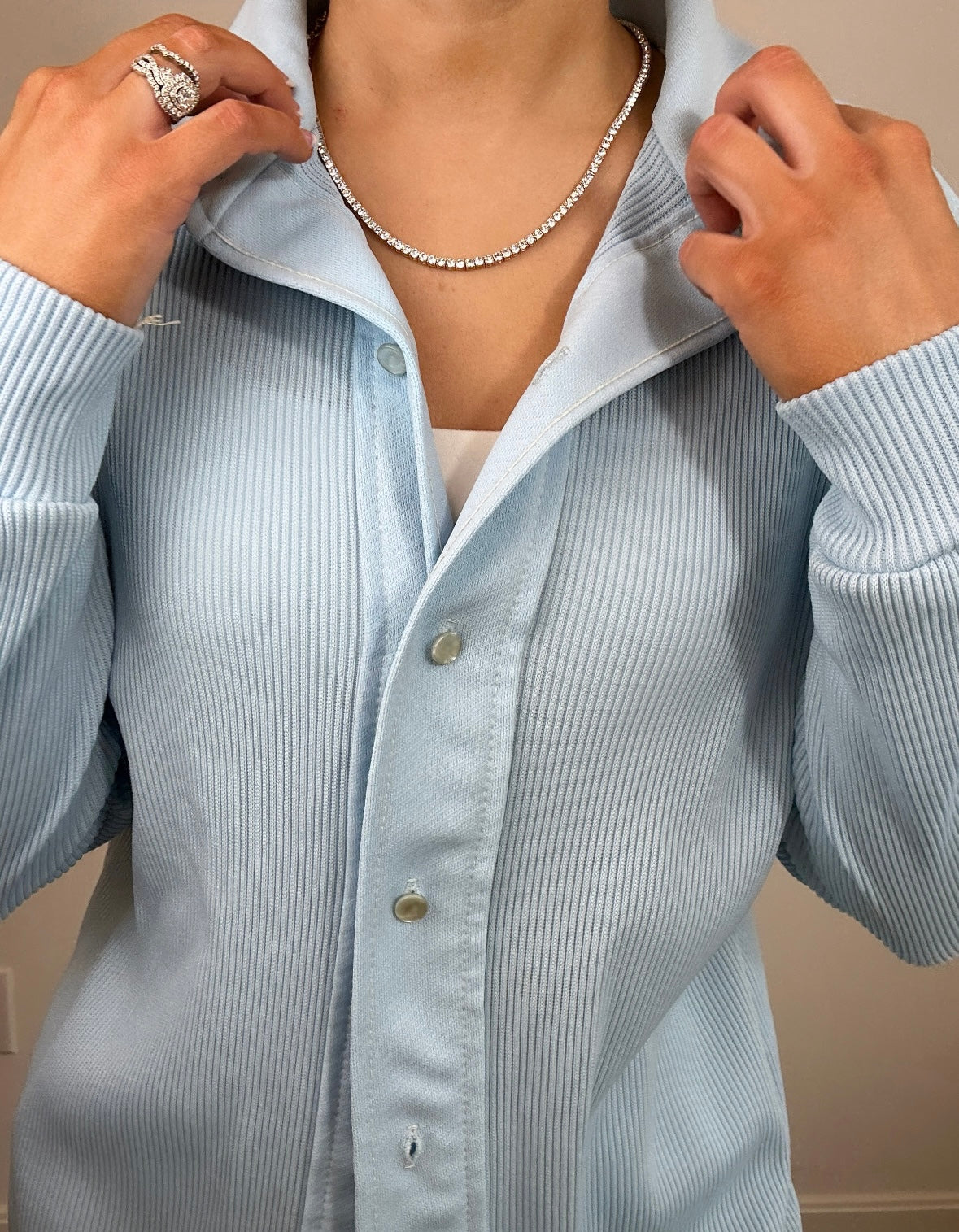 1970's Light Blue Double Knit Poly Dagger Collar Button Down