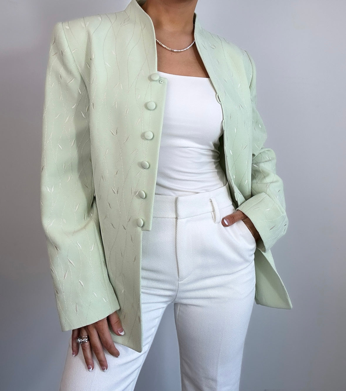 Vintage Light Green White Embroidered Longline Blazer Jacket