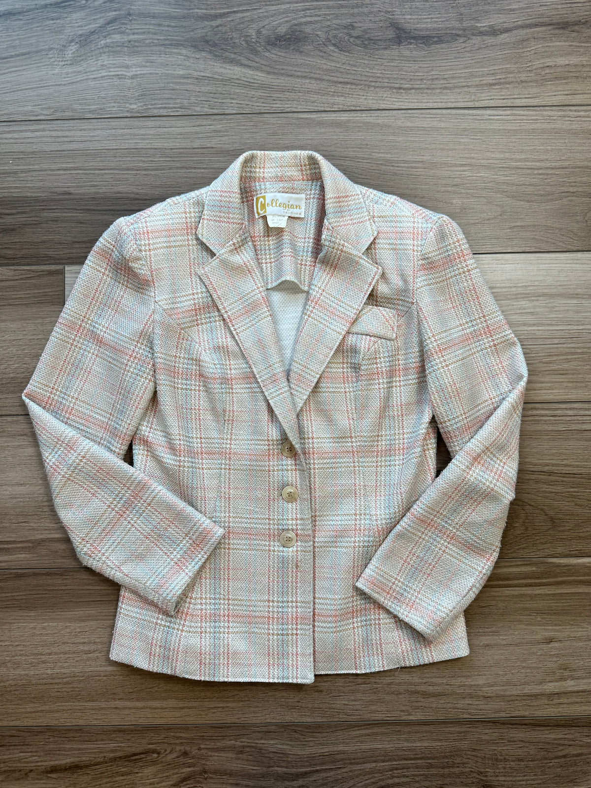 1970's Collegian of California Tailored Cream Blue Orange Plaid Blazer