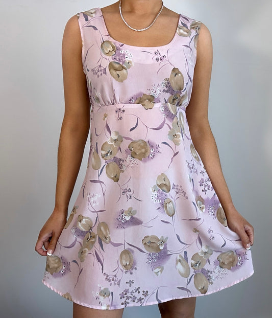 Vintage Brentwood Lavender Tan Floral Mini Dress