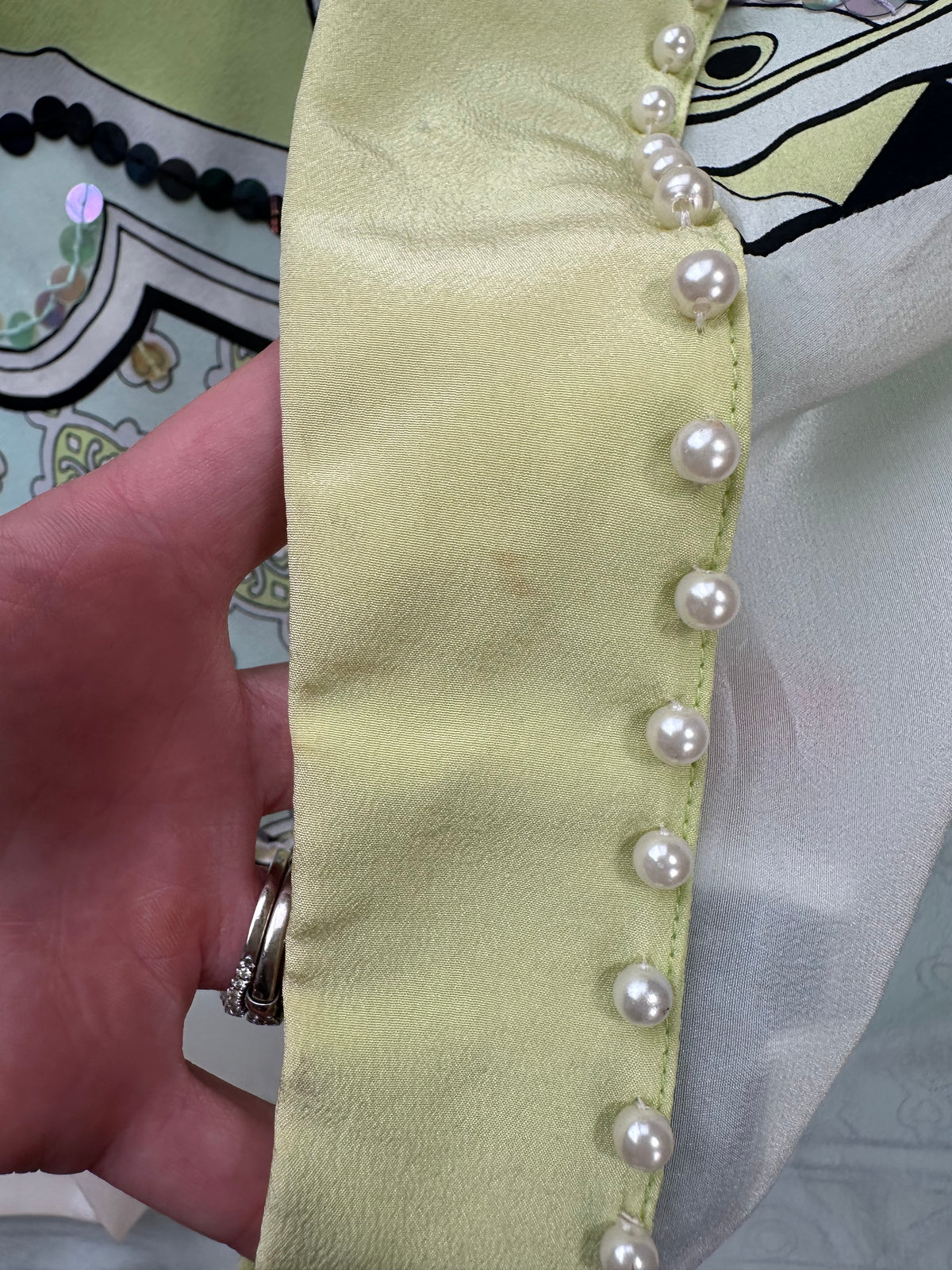 Vintage Diane Gilman 100% Silk Sequin Lime Green Patterned Button Down Top