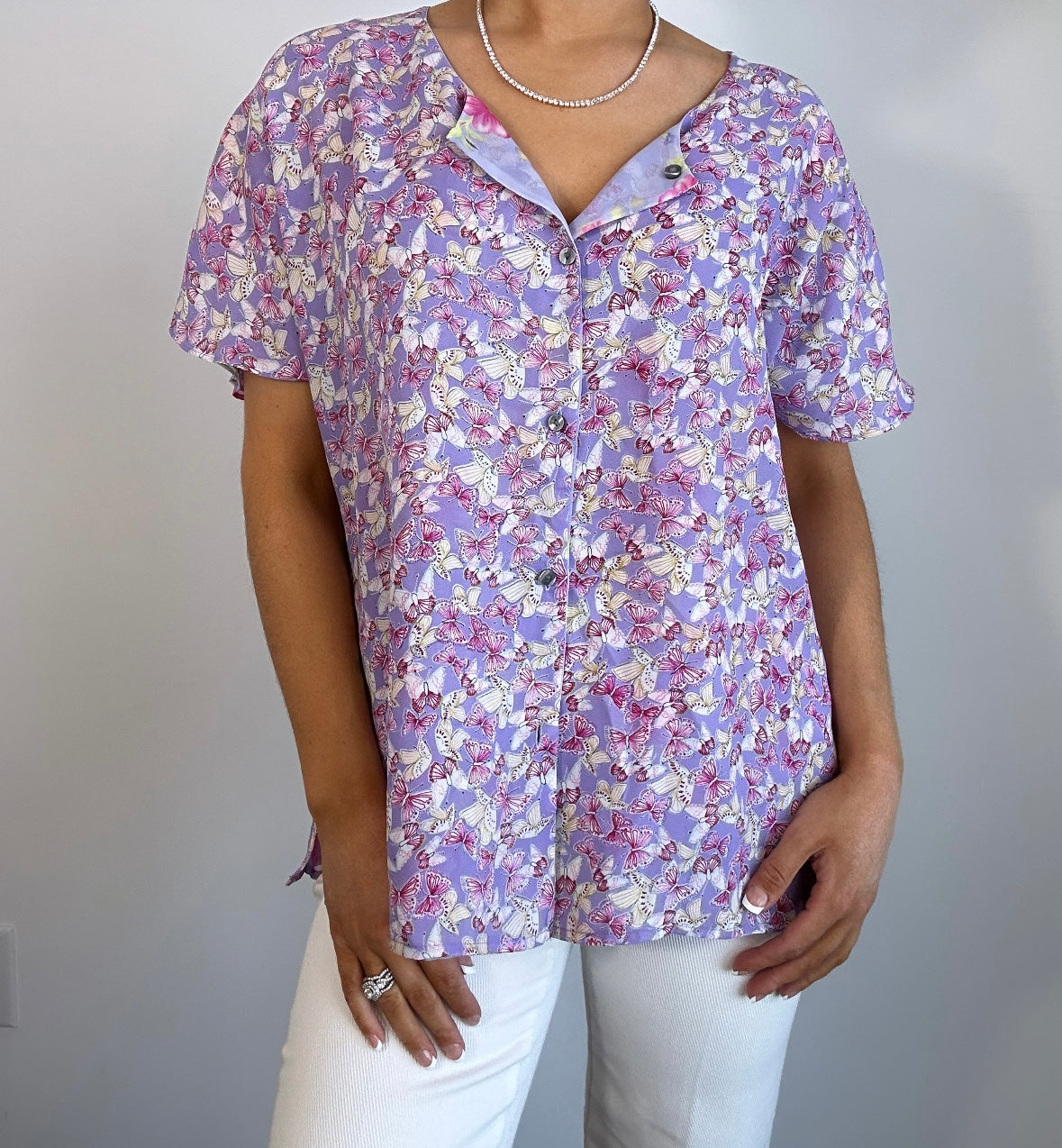 Vintage Lavender Pink Reversible Butterfly Floral Blouse