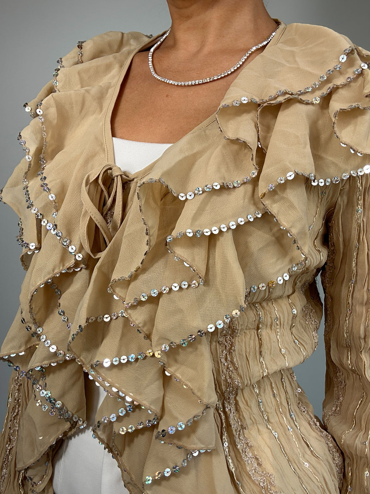 Early 2000s Y2K Kaelyn Max Vintage Tan Ruffled Texture Long Sleeve Blouse with Sequins