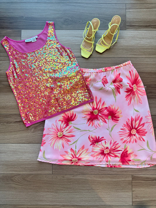 Vintage Bright Pink Floral Midi Slip Skirt