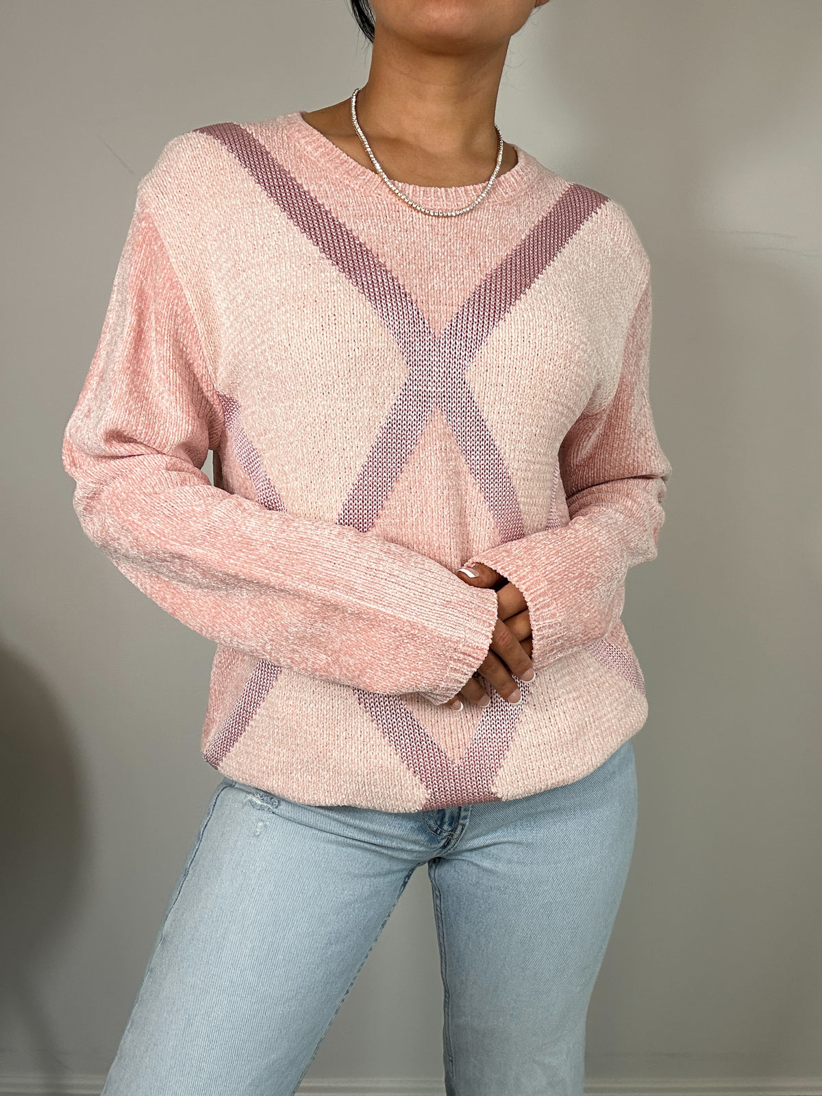 Vintage Sag Harbor Argyle Preppy Light Pink Chenille Sweater