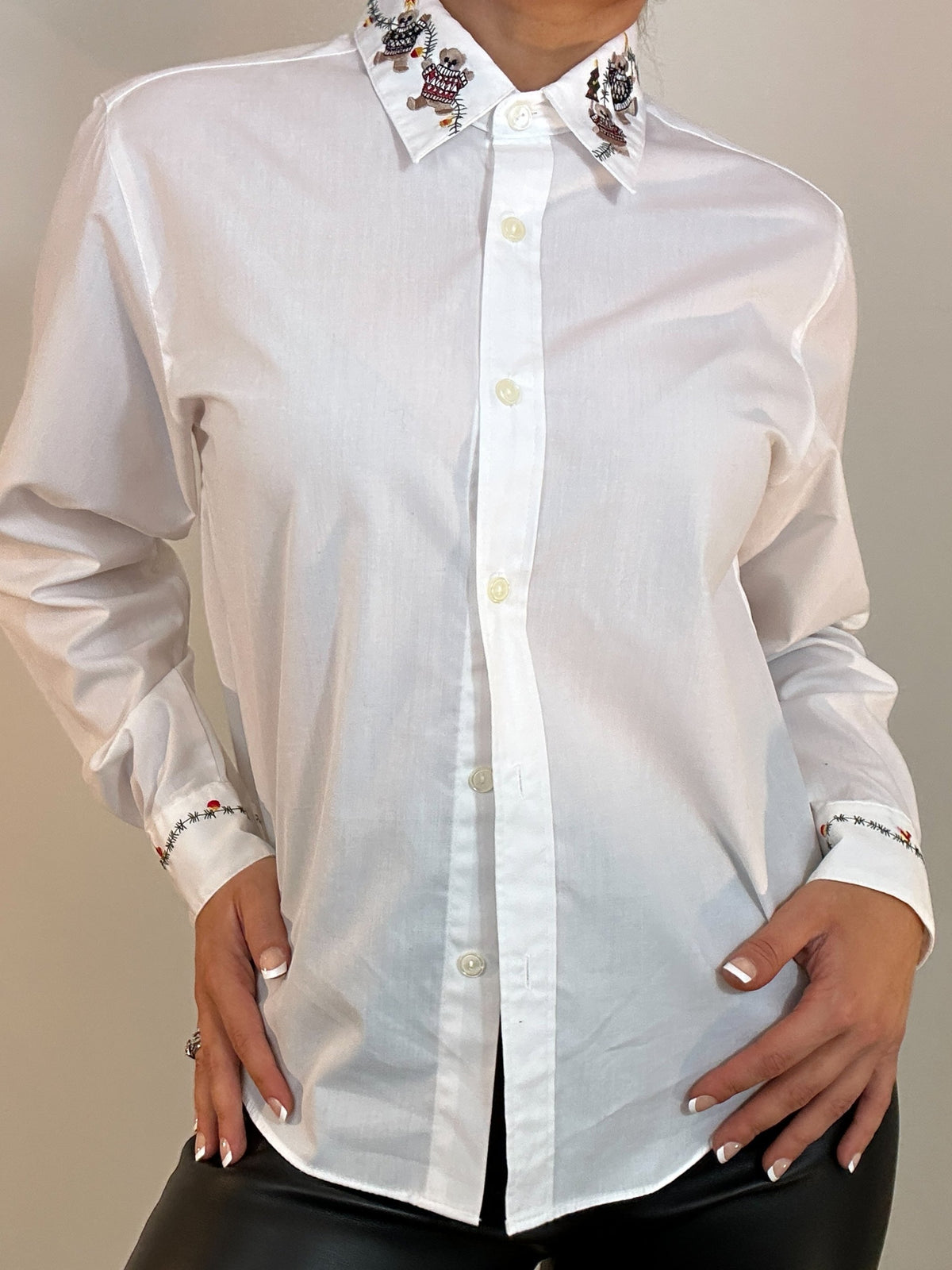 Vintage Yves St. Clair Petites Teddy Bear Christmas Collar White Button Down Shirt Top