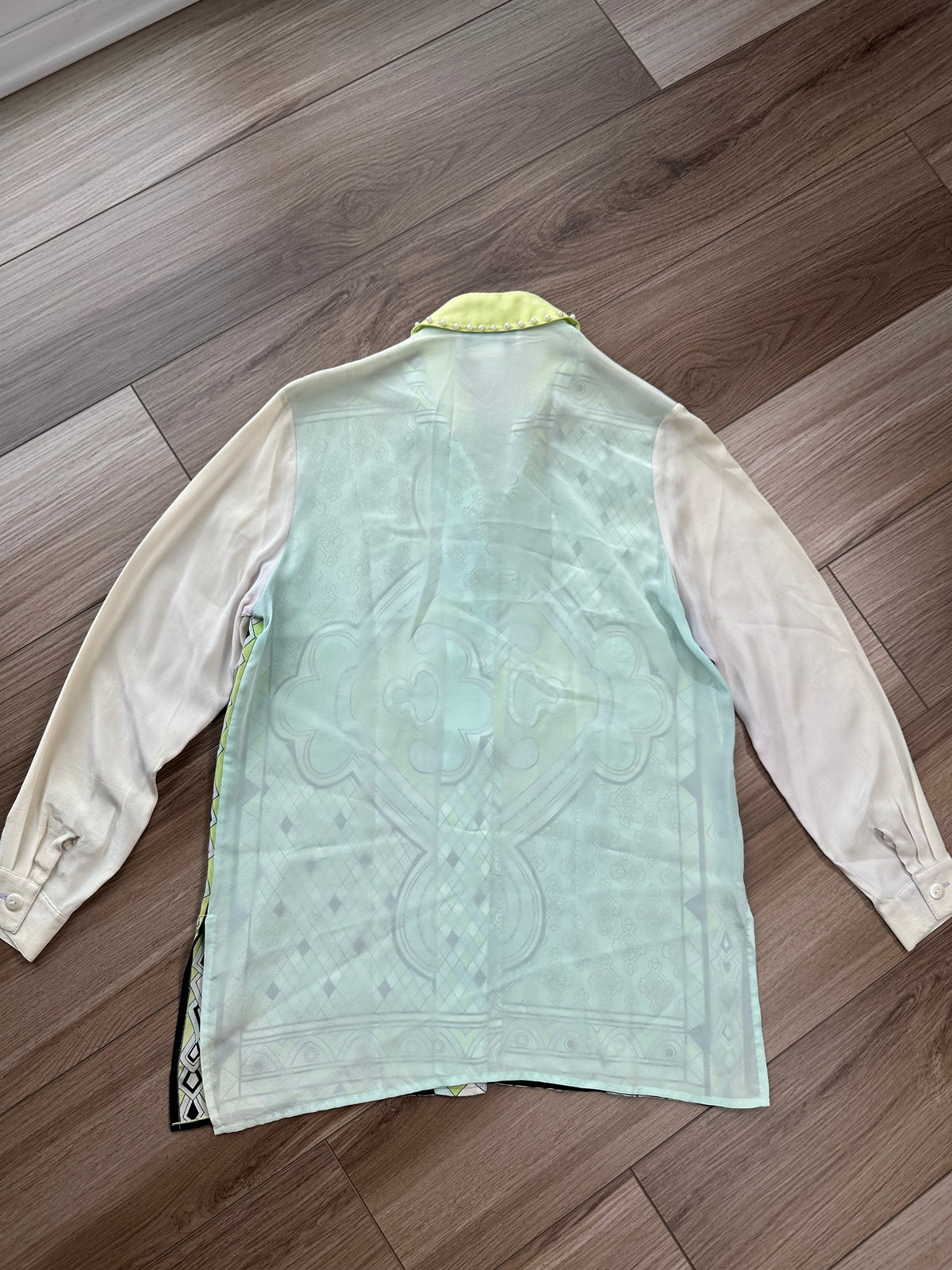 Vintage Diane Gilman 100% Silk Sequin Lime Green Patterned Button Down Top