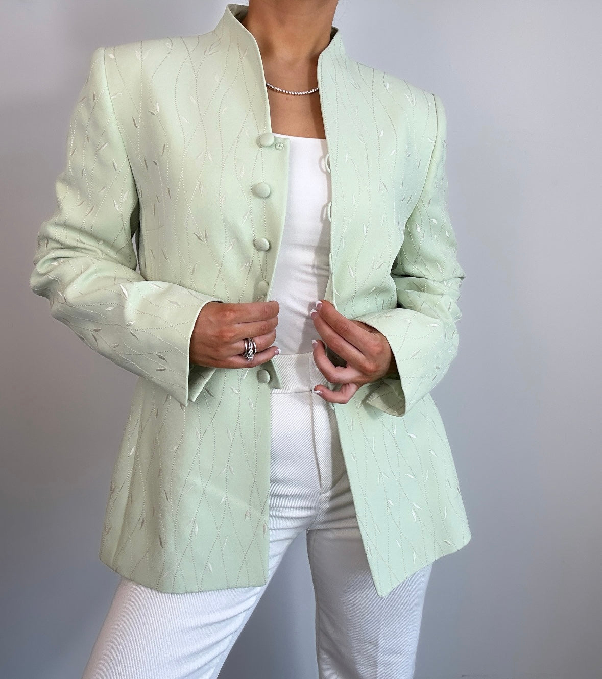 Vintage Light Green White Embroidered Longline Blazer Jacket