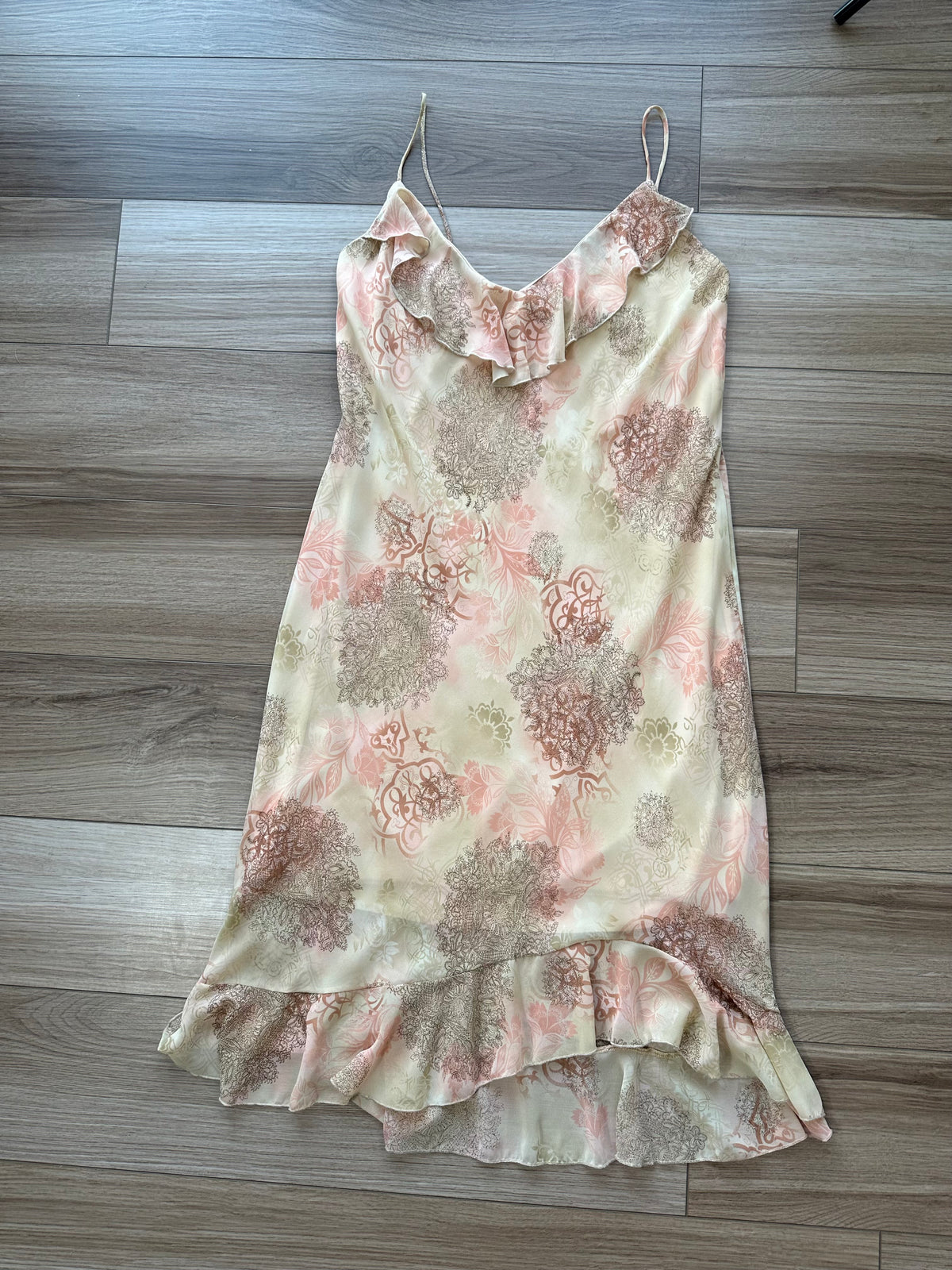 Vintage Tan Peach Printed Frilly Slip Dress Midi