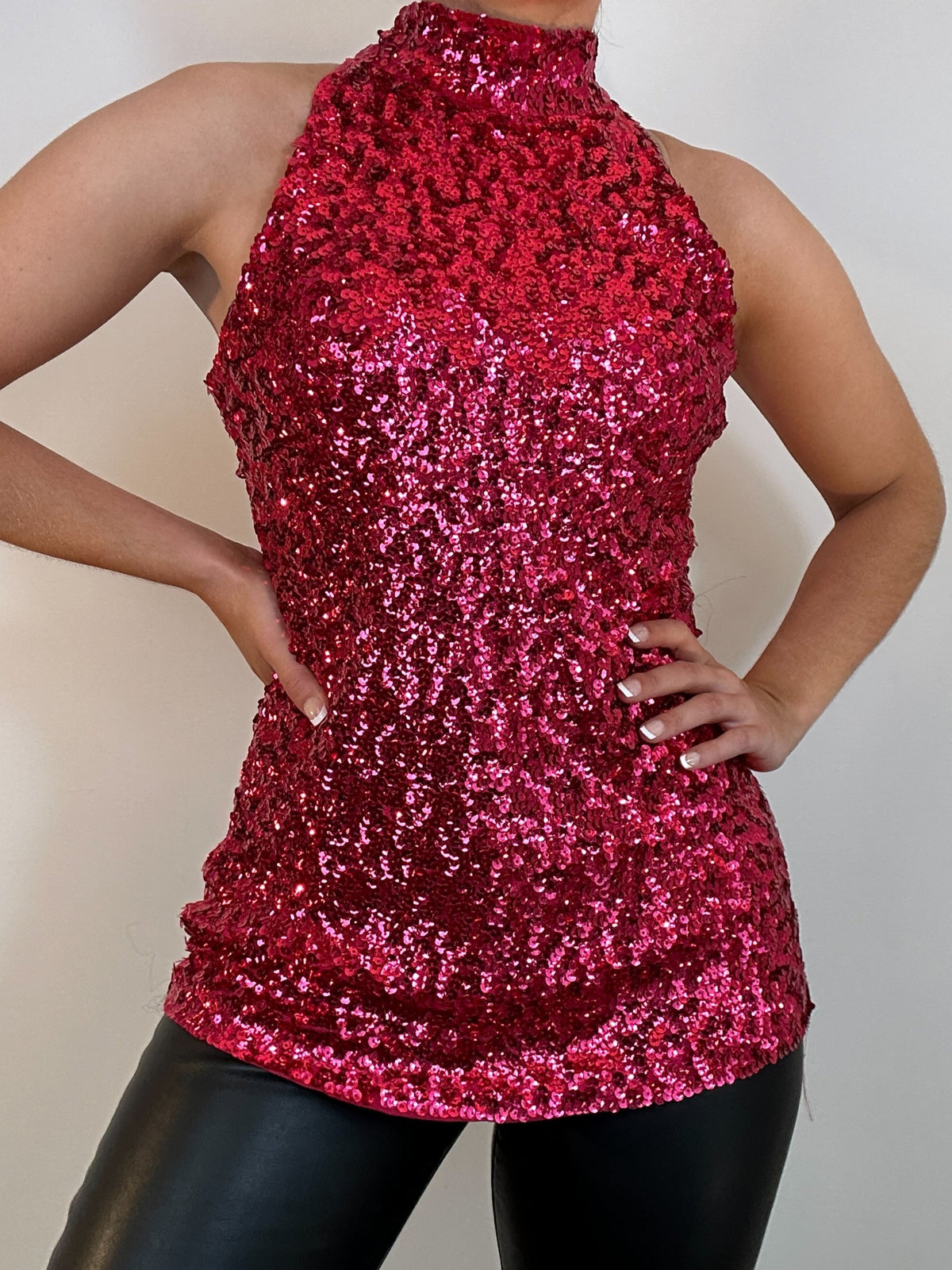 Vintage Hot Pink Alexandra Mock Neck Sequin Tank Top