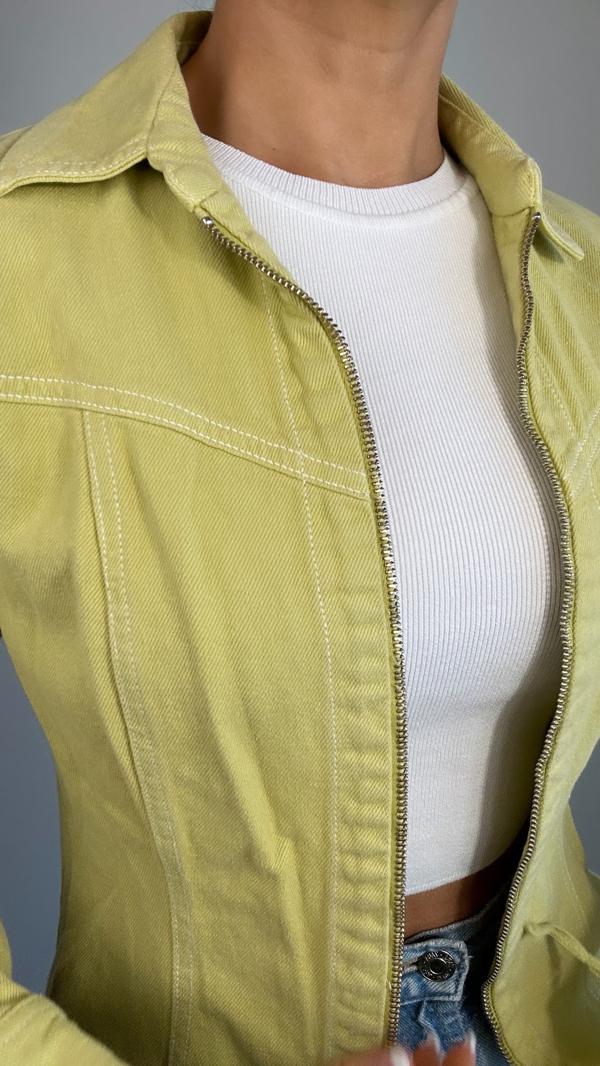 Y2K Lime Green Zip Up Denim Jacket