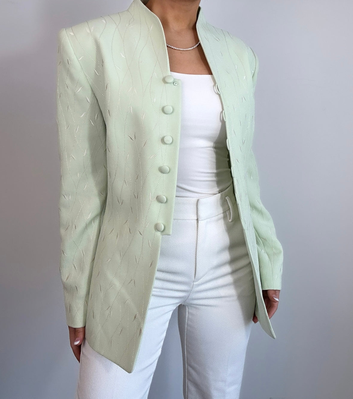 Vintage Light Green White Embroidered Longline Blazer Jacket