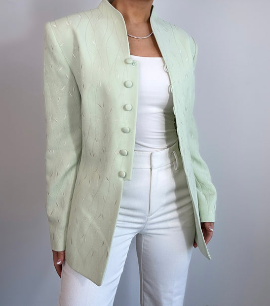 Vintage Light Green White Embroidered Longline Blazer Jacket