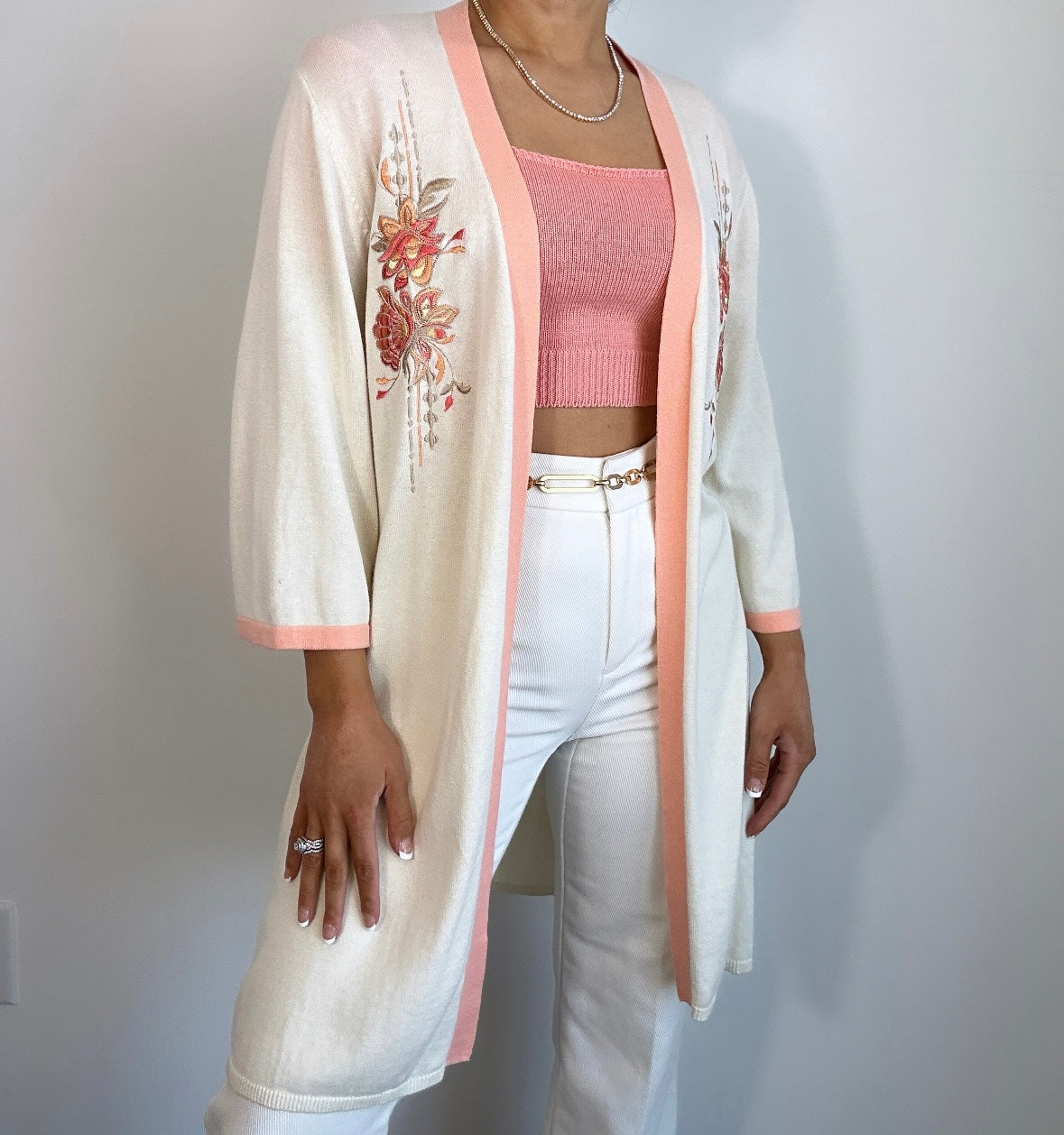 Vintage Peach & Cream Floral Embroidered Kimono Cardigan