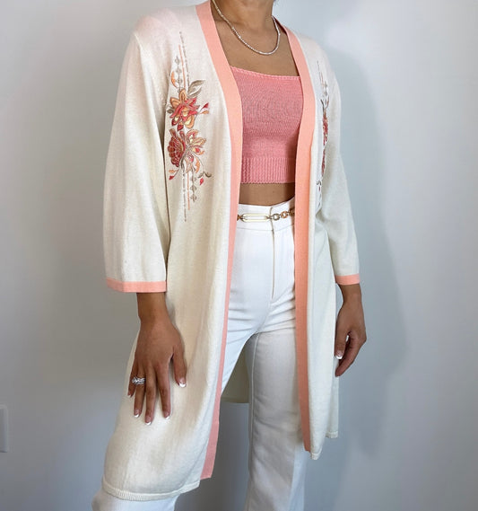 Vintage Peach & Cream Floral Embroidered Kimono Cardigan