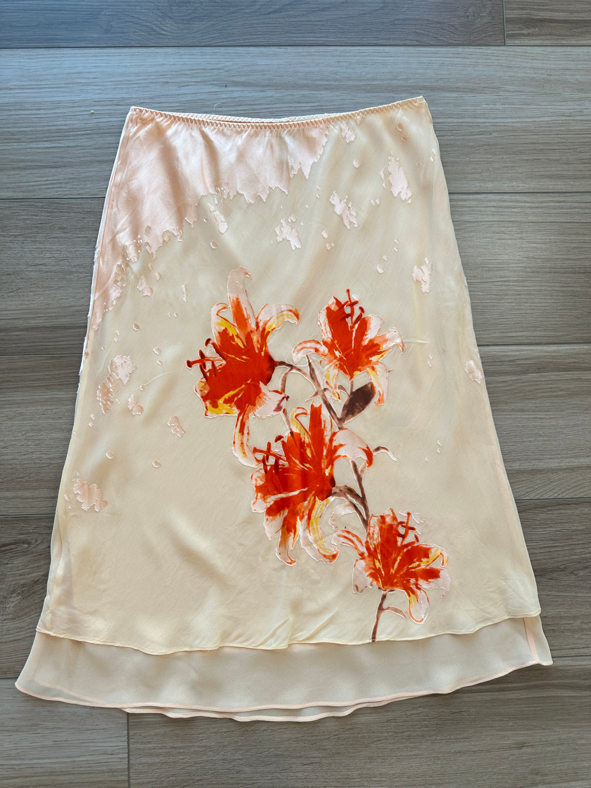 Y2k Peach Hibiscus Floral Print Silk Midi Slip Skirt