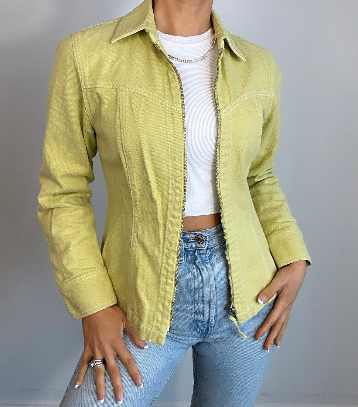 Y2K Lime Green Zip Up Denim Jacket