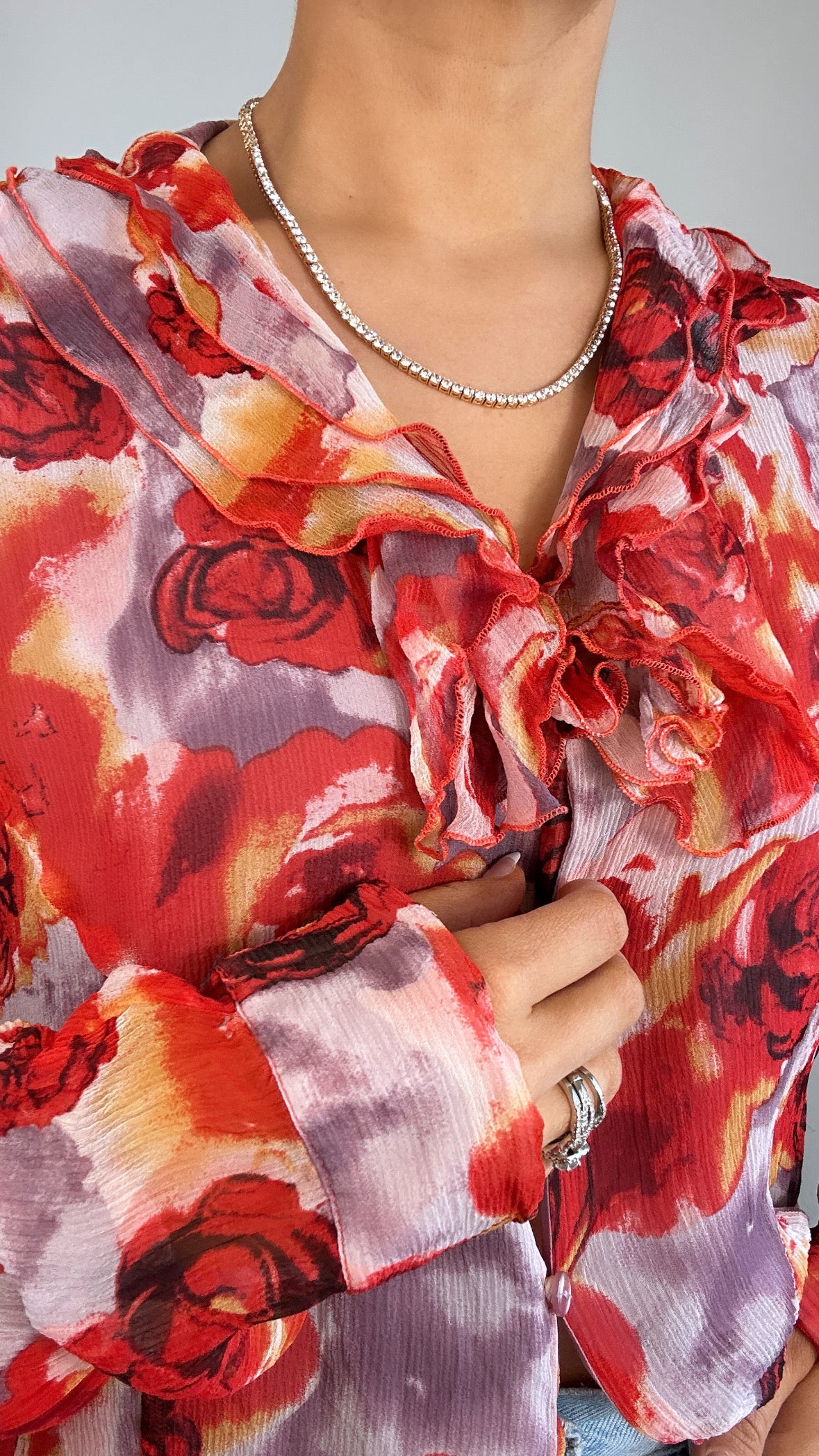Y2K Pink Purple Floral Silk Ruffle Blouse