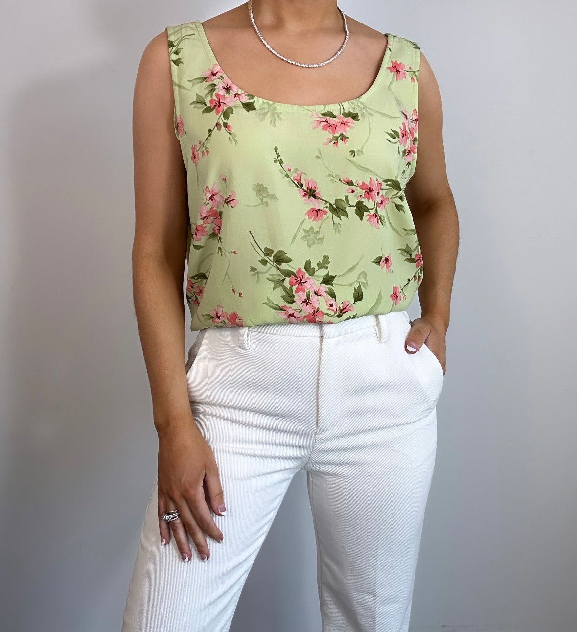 Vintage Light Green Pink Floral Tank Top