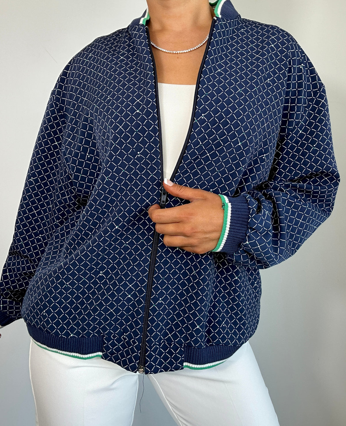 Vintage Popovitch Play Navy & Green Trim Printed Bomber Sports Jacket