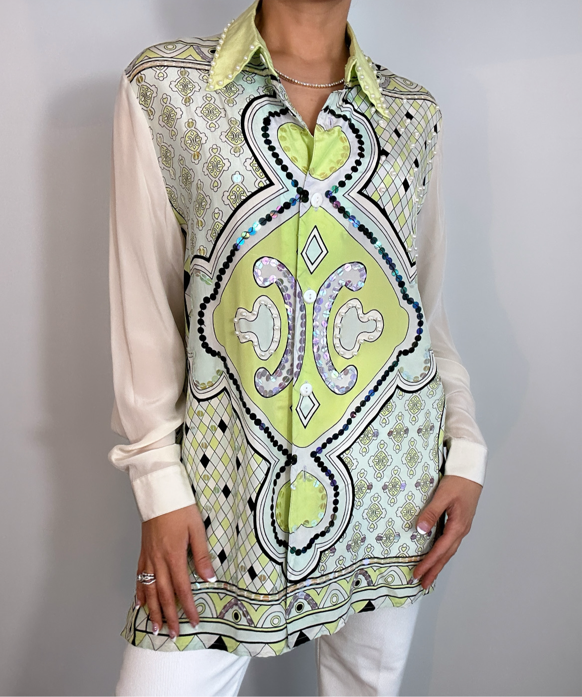 Vintage Diane Gilman 100% Silk Sequin Lime Green Patterned Button Down Top