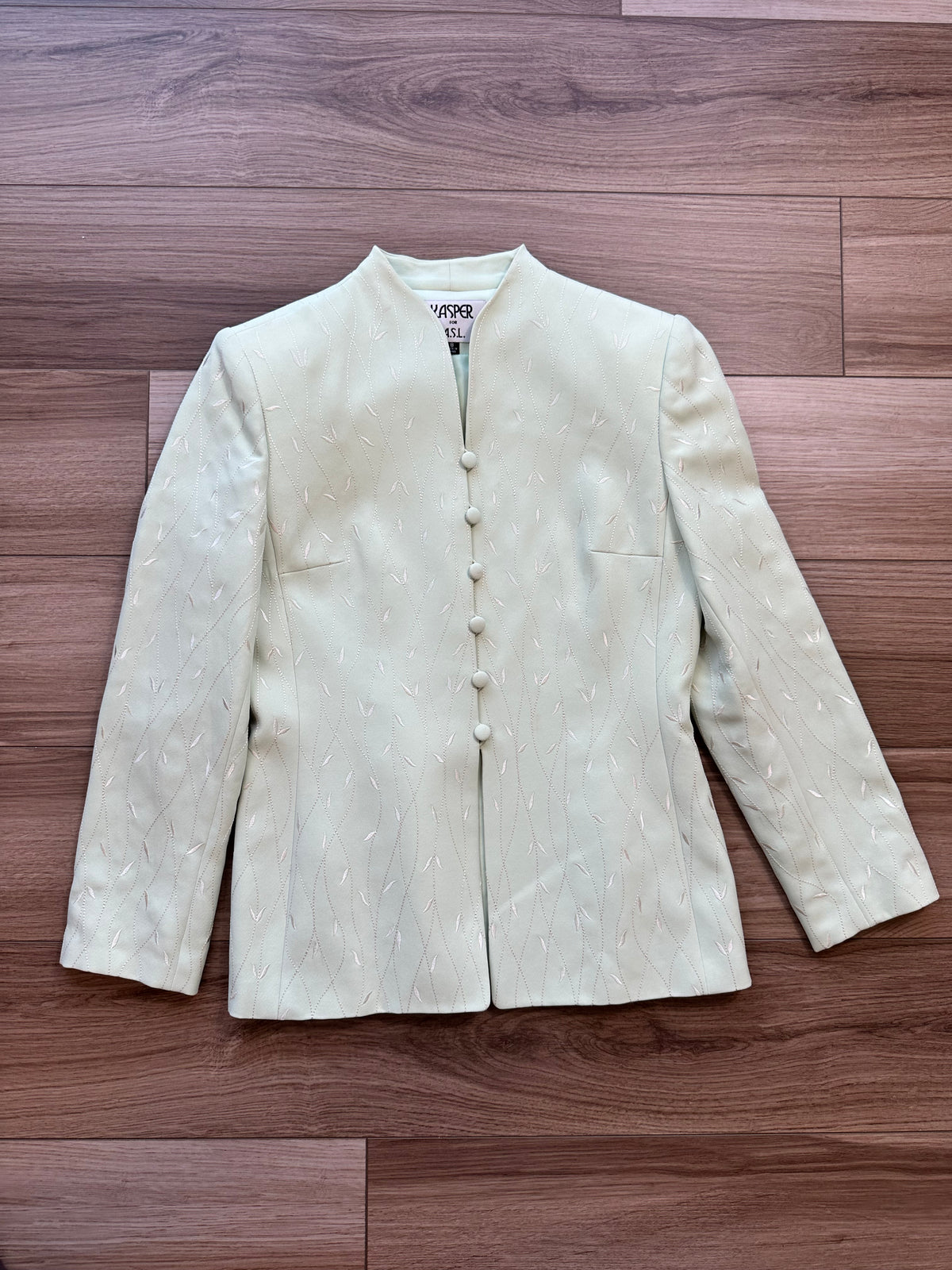 Vintage Light Green White Embroidered Longline Blazer Jacket
