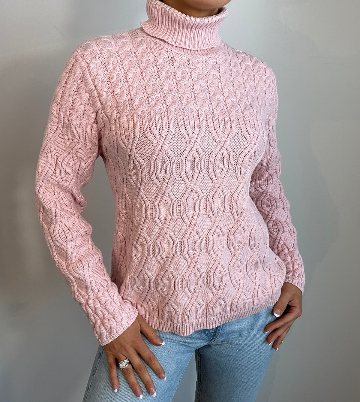 Vintage Light Pink Cable Knit Turtleneck Sweater