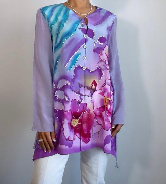 1980s Diane Gilman Purple Pink Sequin Silk Floral Blouse