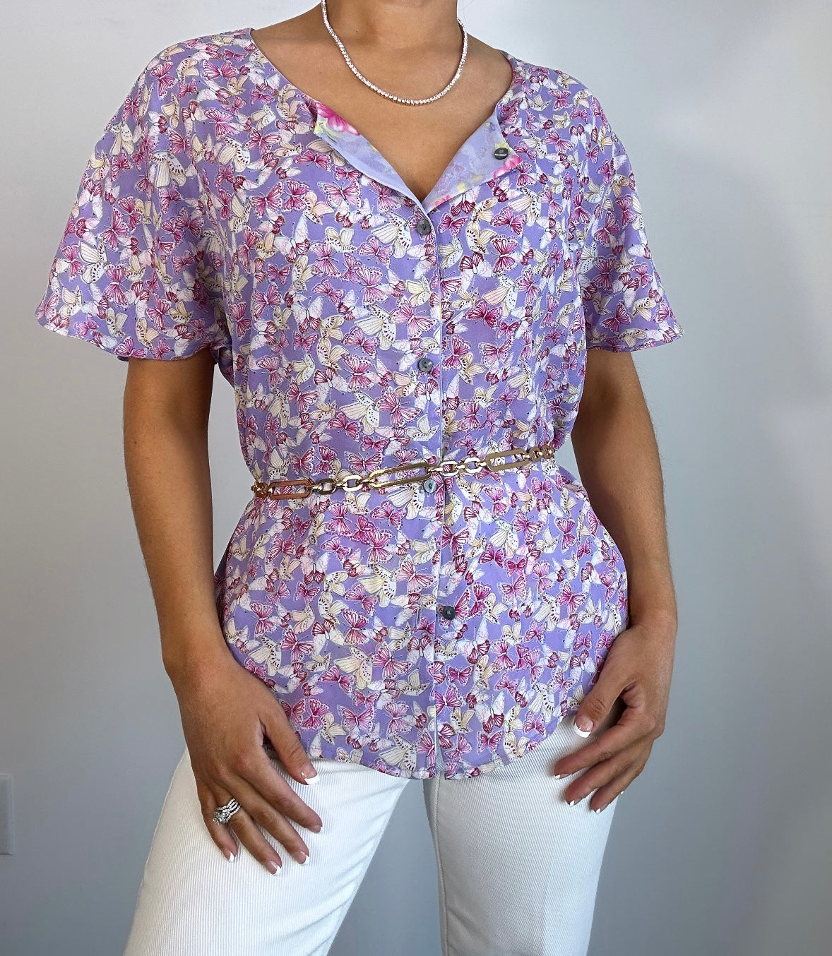 Vintage Lavender Pink Reversible Butterfly Floral Blouse