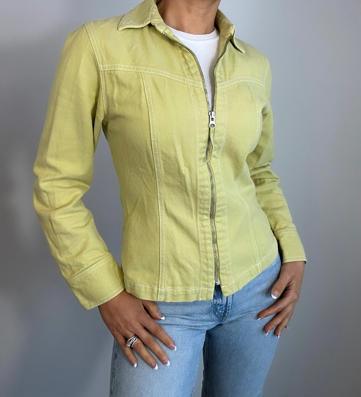 Y2K Lime Green Zip Up Denim Jacket