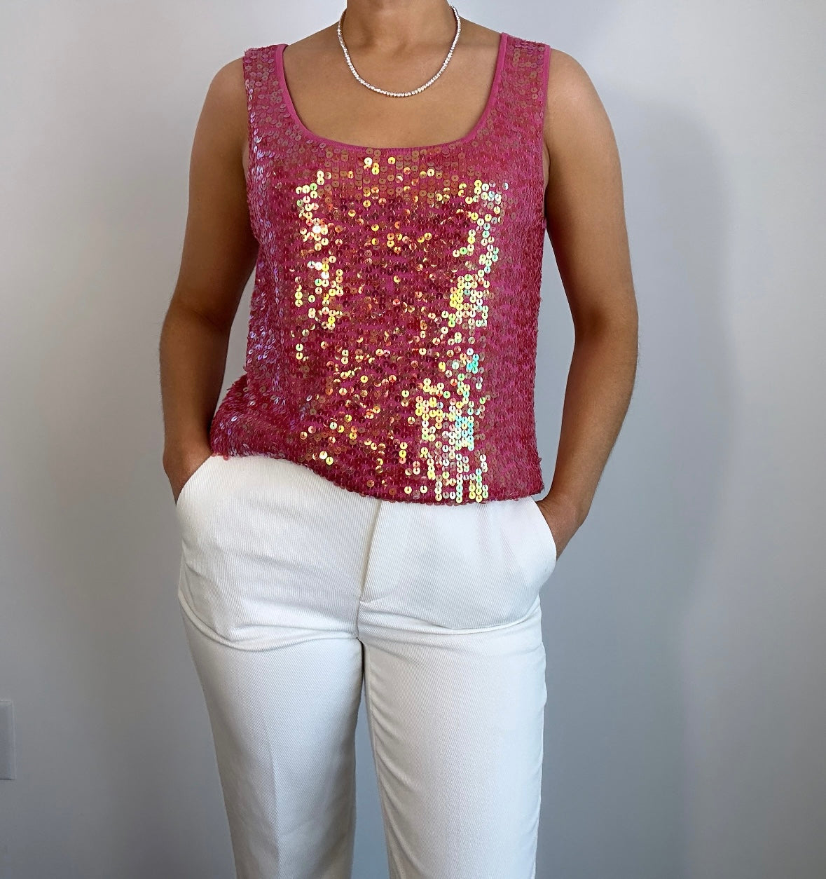 Y2k Hot Pink Silk Sequin Tank Top
