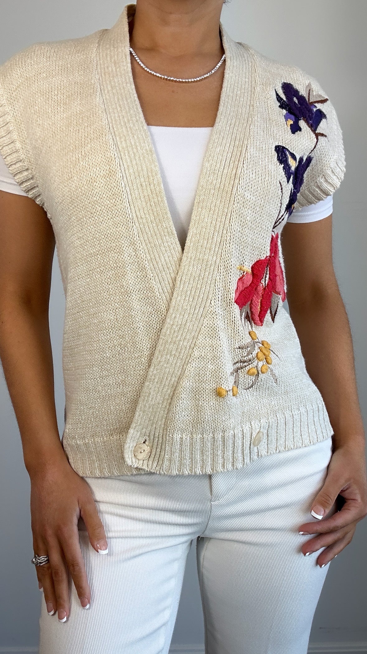 Vintage Cream Multicolor Embroidered Wrap Vest