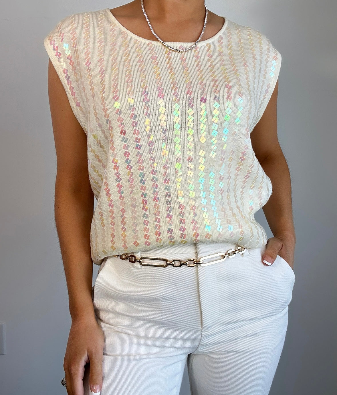 Vintage Victoria Jones Cream Sequin Knit Tank Top