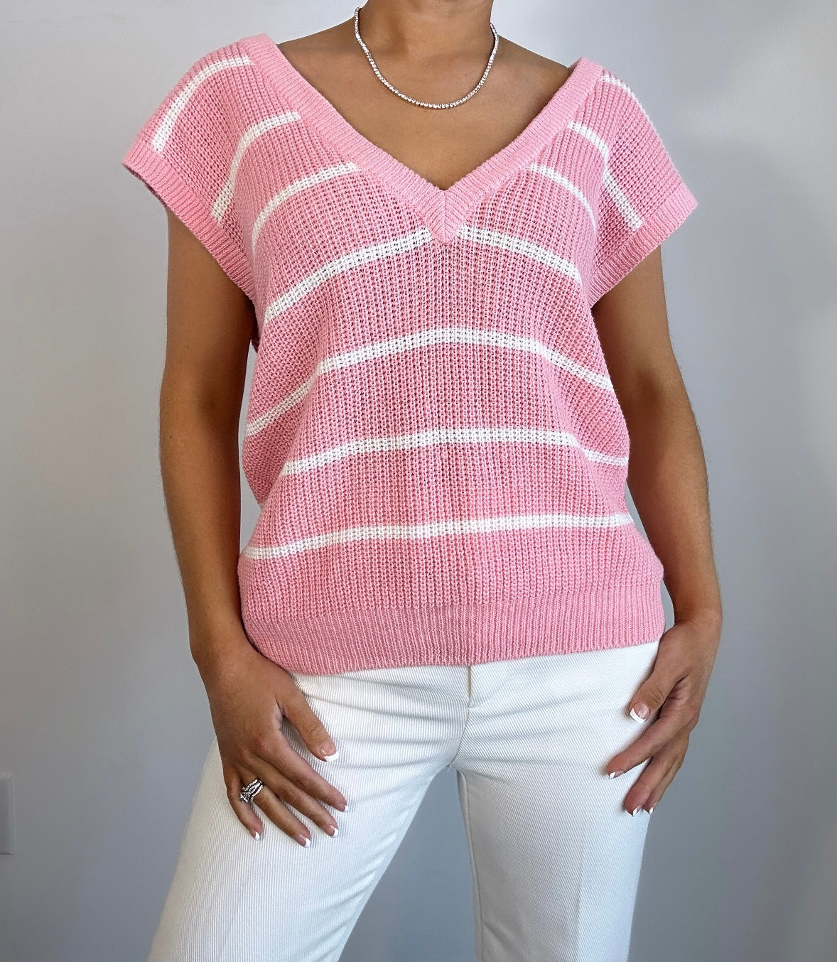 Vintage Eileen Pink White Striped Chunky Sweater Vest