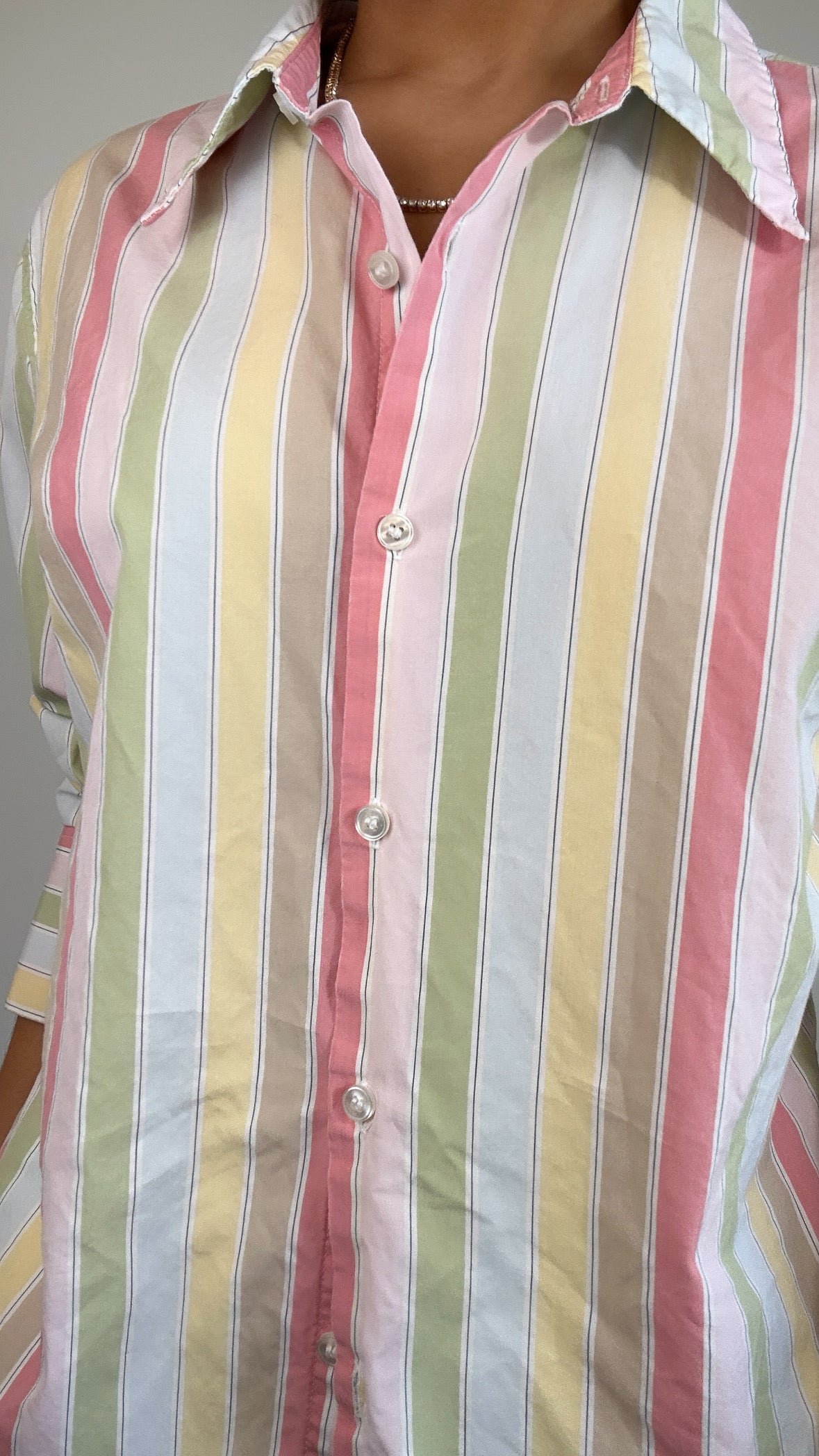 Vintage Villager Rainbow Pastel Striped Button Down Top