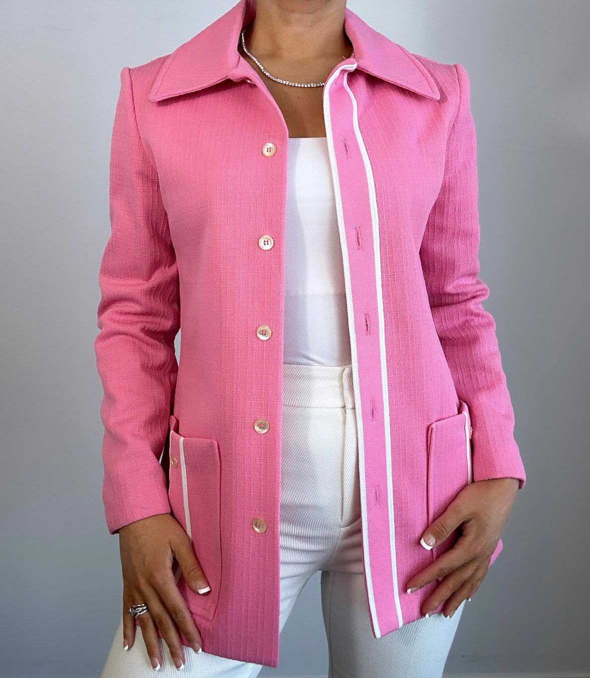 1970s Vintage Jack Winter Pink white Double Knit Poly Jacket
