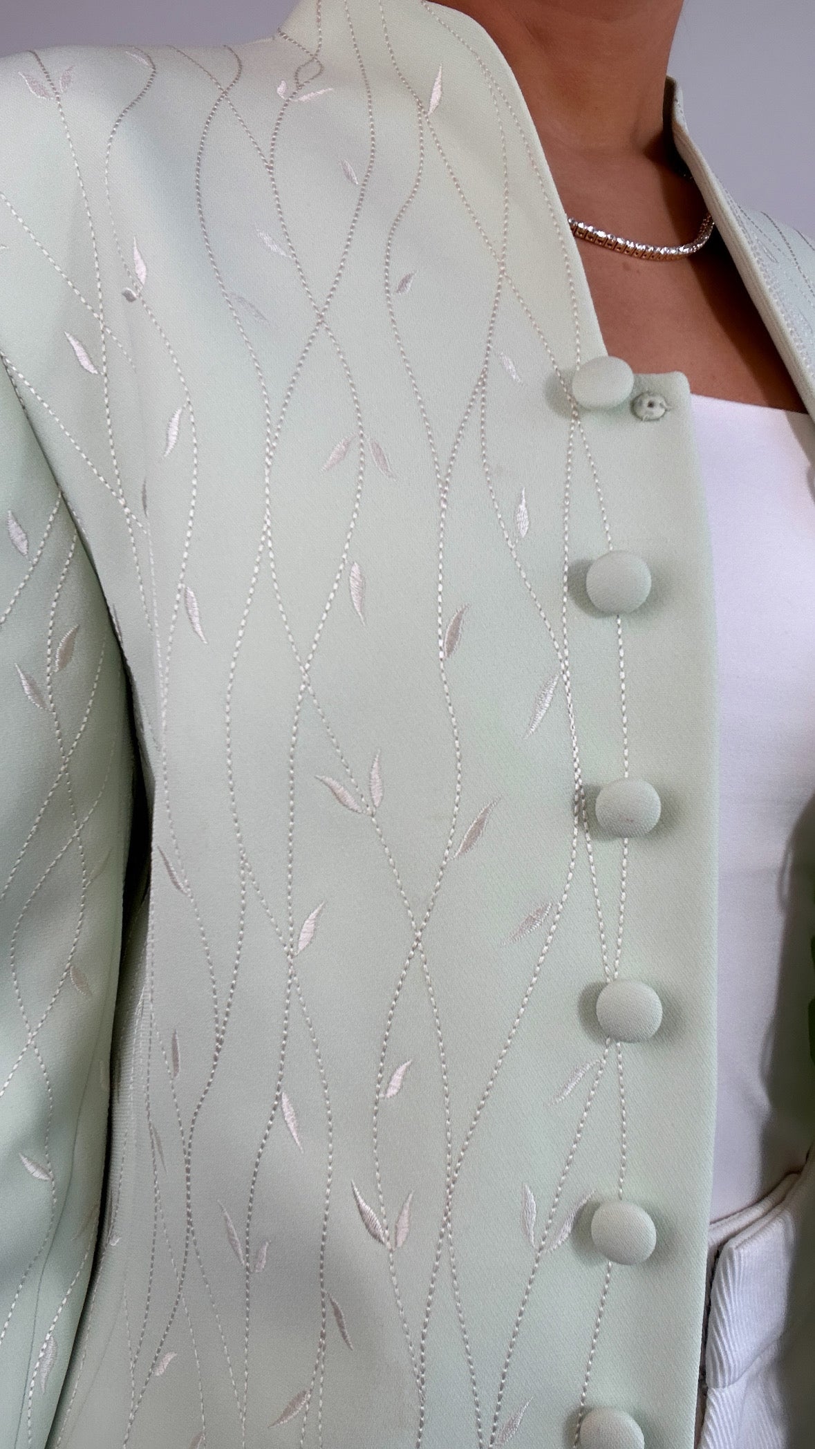 Vintage Light Green White Embroidered Longline Blazer Jacket
