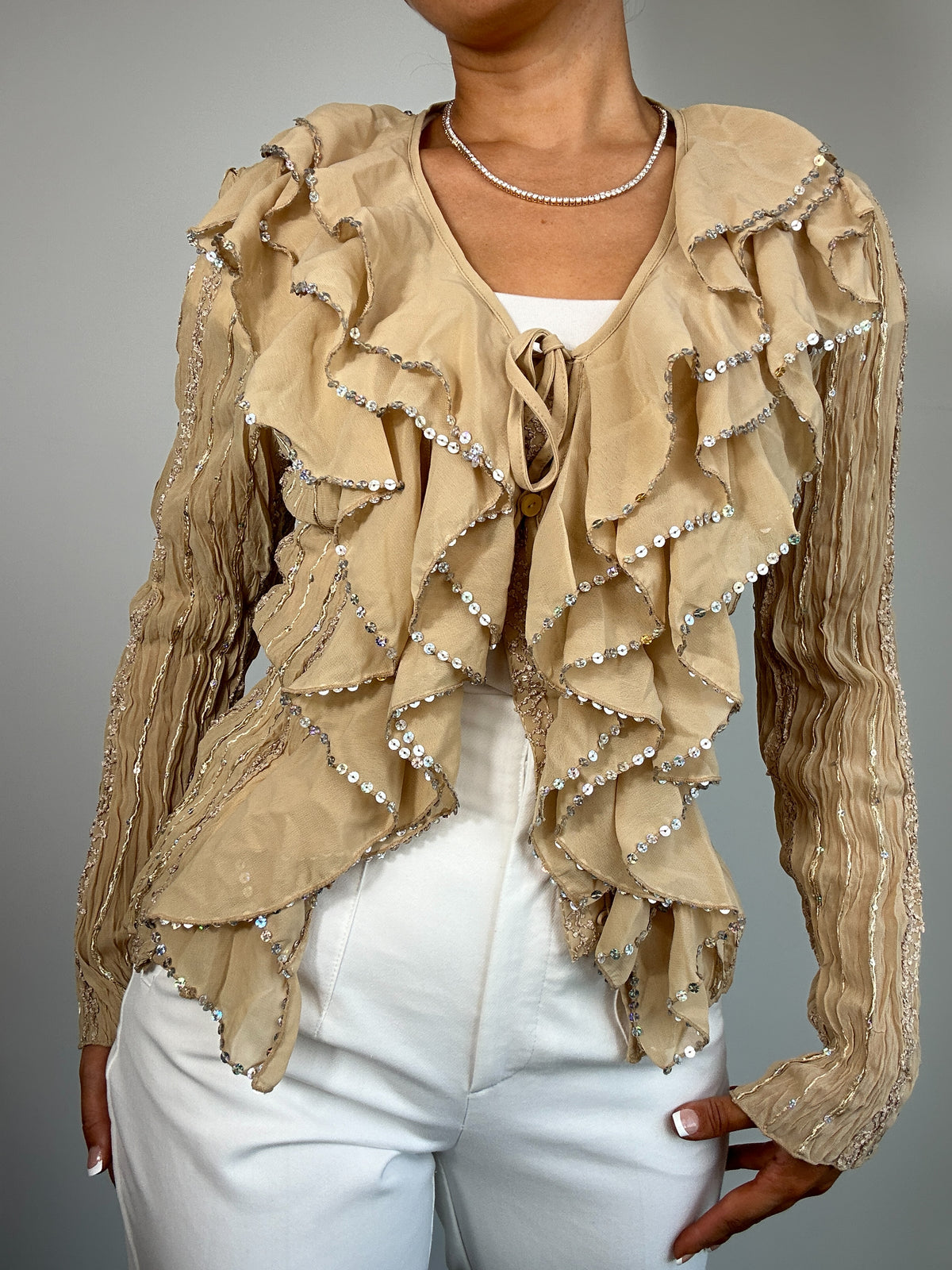 Early 2000s Y2K Kaelyn Max Vintage Tan Ruffled Texture Long Sleeve Blouse with Sequins