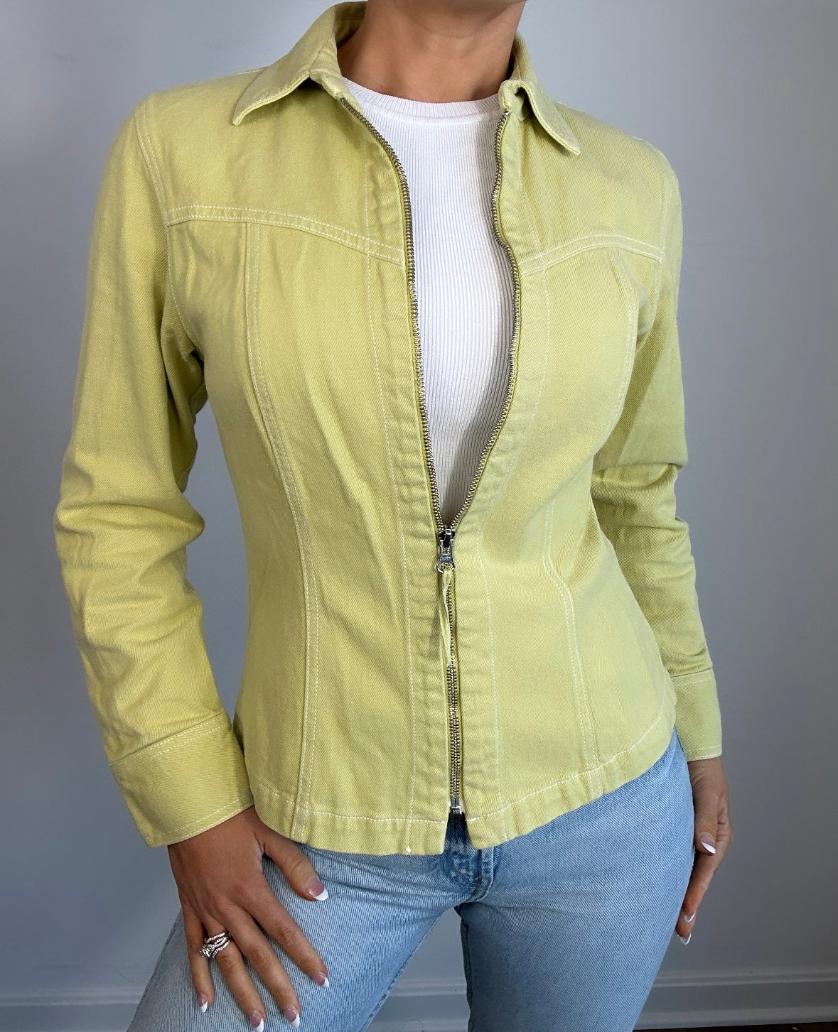 Y2K Lime Green Zip Up Denim Jacket